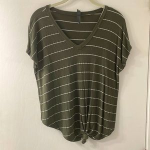 Green and white striped tee with a cute tie at the bottom.